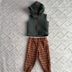 Carter’s 12M Green Hooded Vest & Brown Striped Jogger Set